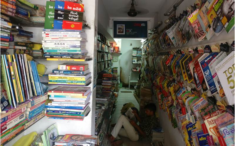 A collection of Gujarati magazines, books and newspapers, at a bookstore in Ahmedabad