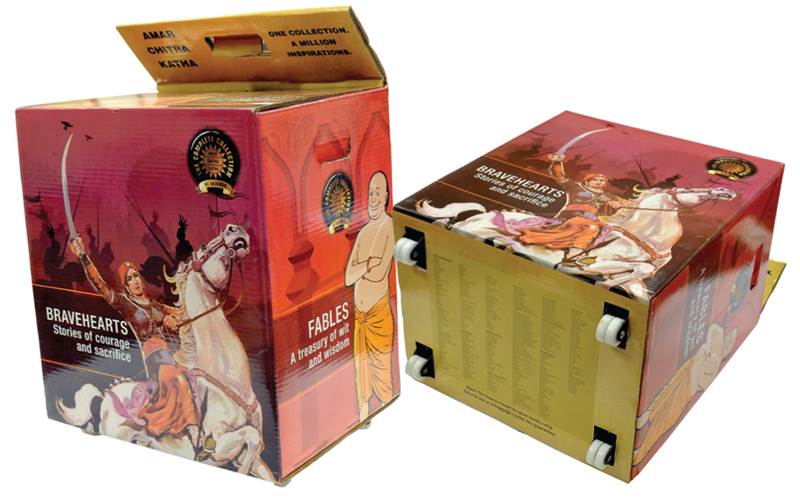 PrintWeek India Innovative Printer of the Year 2013 - Parksons Graphics. Parksons fabricated a box using four-ply double wall heavy duty corrugated, 300gsm three-M-duplex board, and printed the titles with illustrations (in four-colour) on the outer side of the box, with its Heidelberg XL 105. All the titles were placed in the box. Since the box was around 45kgs, four castor wheels were fitted to the box to make it mobile. The fabrication of box makes it a multi-purpose items. The lid of the box has been created in such a way that it can be pulled out and used as a handle for the trolley. The box can also be used as a chair and a table to write