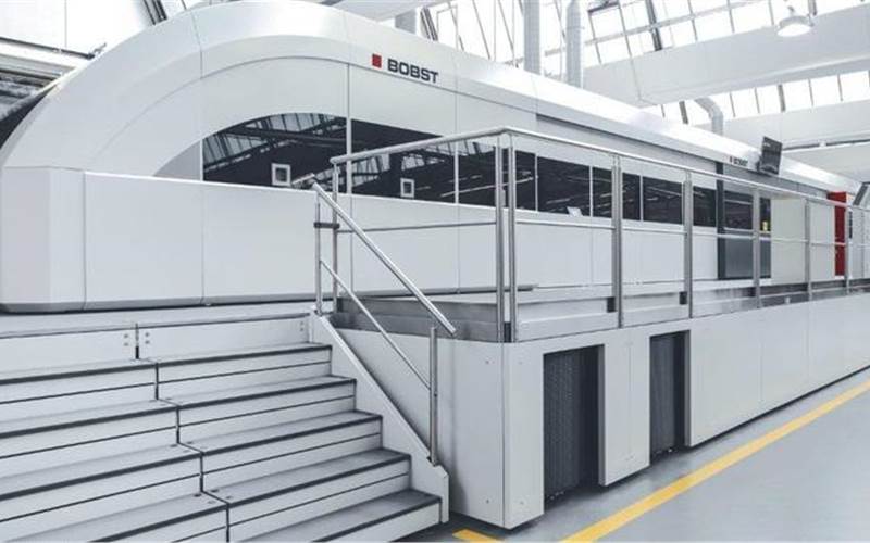 At Drupa 2016, the Bobst digital printing press for corrugated applications uses Kodak Stream inkjet technology and aqueous based food compliant inks, to continuously deliver over 50 billion ink drops per second from its four CMYK print units. According to Bobst, the press can match a broad range of the Pantone gamut and print at speeds of up to 200 meters per minute