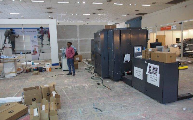 HP Indigo 6800, which provides narrow web printing solutions for high volume label production being essembled at HP's stall.