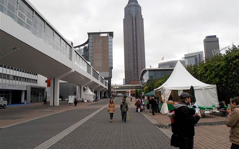 A view of the MesseTurm, or Trade Fair Tower from the fair grounds. The skyscraper has 63 floors, and it is 843 feet tall. The Frankfurt Messe is one of the largest trade fair grounds in the world. Along with the world’s largest book fair, it also hosts the Frankfurt Motor Show.