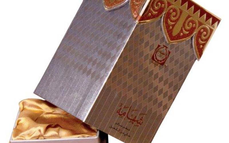 The fabrication on Shahama carton  played the azaan every time the box was opened. The multi-level 3-D embossing effect achieved using special brass dies on Bobst die-cutter