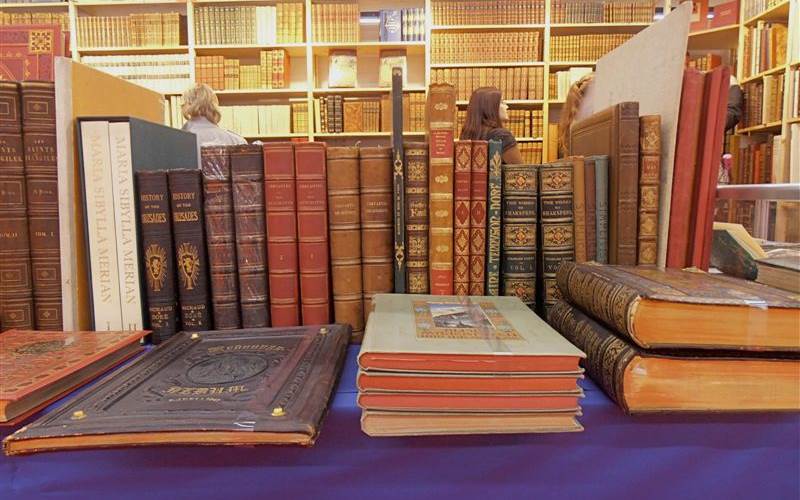 Old books displayed. The Antiquarian Fair gives a good glimpse into the development of printed books over the last few centuries.