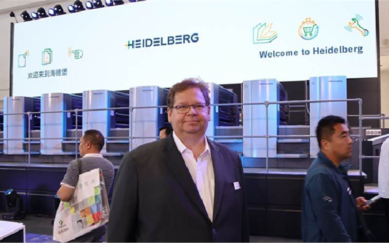Rene Ludvigsen, chief executive officer, region Asia, for Heidelberg Graphics (Thailand), with the Heidelberg press – the CX-75. The new kit, which sits between the SX 74 and XL 75, received a China Print launch and is available from four to six-colour, with option for coating unit and also full options on UV drying. The press is capable of printing on substrates as thick as 0.03mm to 0,06mm and uses the double circumference impression cylinder configuration of the XL 75 and the feeder from the SX 74. Ludvigsen said the press is targeted for those who are looking for an attractive price performance ratio