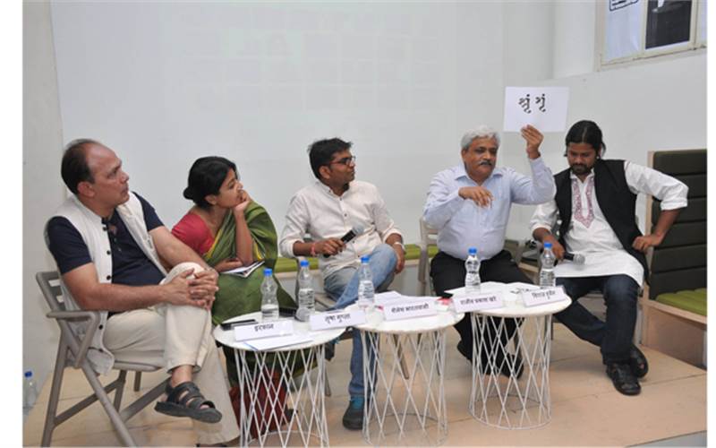 (From left) Irfan, Trishna Gupta, Sailesh Bharatwasi, Rajeev Prakash Khare and Shiraz Hussain during the panel discussion on ‘Hindi: Jaisi Dikhti Hain’