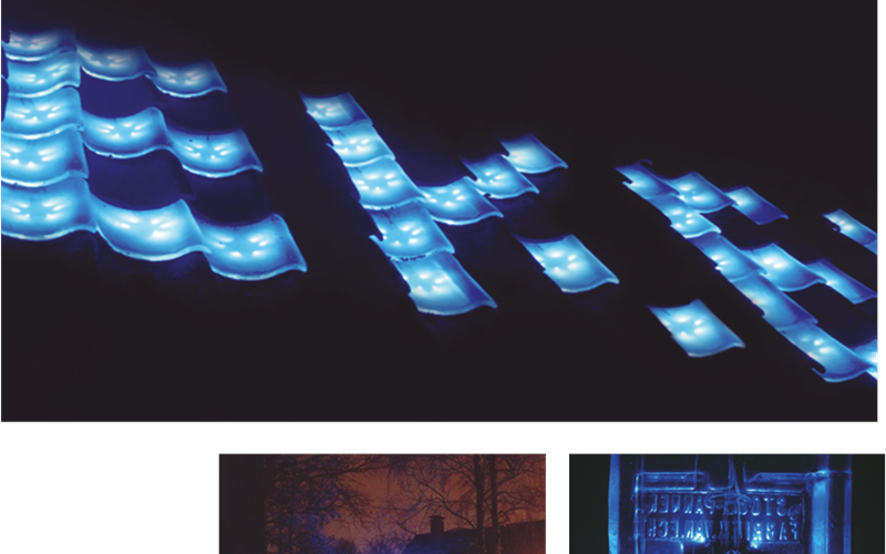 Manufactured by Lambert Kamps, the transparent roof tiles are integrated with light-emitting diodes (LEDs) and designed to display text, pictures, and other graphical content in multiple colors.