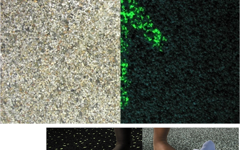 S Lövenstein BV integrates luminescent particles within gravel floors in order to enhance the emergency-exit signage within a building.