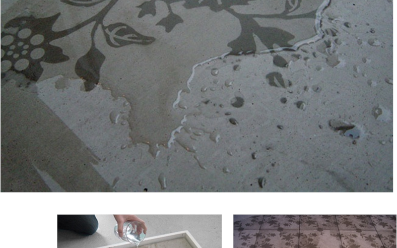 Solid Poetry is a concrete tile that reacts on water. It's a symbiosis between concrete and water. As the water flows onto the concrete tile, images or patterns will appear.