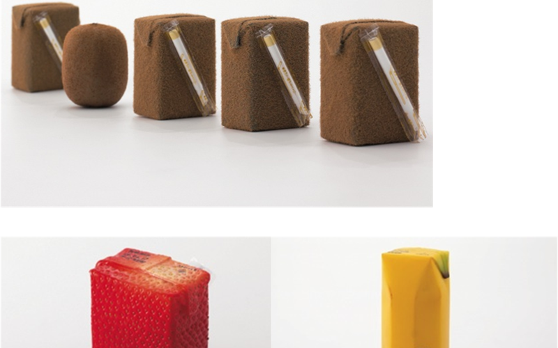 Juice Skin, haptic packaging designed by Naoto Fukasawa. He changed the surface of the package to imitate the colour and texture of the fruit skin