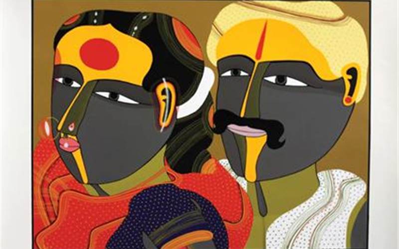 Thota Vaikuntam: UntitledSerigraph on Paper 21.5x29.75-inch, 2011
The challenge:: The colourful palette of the painting meant tweaks to
Marvel’s style. “The serigraph demanded us to serve it with flat colours while showing various gradations in few tones like greys and pinks. Reproducing the golden dots and maintaining the cut-to-cut printing without overlapping the tones into one another colour were especially challenging.”Tech-specs: 75 limited editions of the 21.5x29.75inch serigraph were created