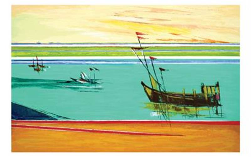 Shri Natu Parikh: By The SeaSerigraph on Paper, 28x40-inch, 2014The challenge: “Shri Natu Parikh’s painitng brings
together the beauty of colours, composition, light and perspective.” Marvel had to include bold blocks of colours and strong diagonal lines with various shades and tones. The process: The serigraph was created using the brush and knife techniqueTech-specs: The oil colours effect was created using
42 tones of colours /screens on Natural Evolution White, 280gsm and Mesh 80, 120 (nylon) 140 (polyester). Over 30 days, Marvel produced 300 editions