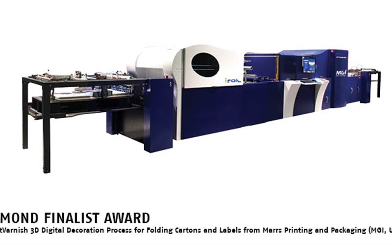 MGI JetVarnish 3D Digital Print Decoration Process for Folding Cartons & Labels has earned a Diamond Finalist Award in the DuPont Awards for Packaging Innovation. This technology allows companies to achieve a premium branded look for their folding cartons and labels without the time, cost and expense of using traditional dies, screens or plates. MGI has simplified the production decoration process for manufacturers, printers and converters. The JETvarnish 3D solution dramatically increases the speed and ability of consumer and commercial firms to bring new products to market at a lower cost. The workstation software offers rapid prototyping for new product launches and full high-volume production management.  The MGI innovation achieves 2D, 3D and Variable Foil Embossing on cartons and labels on a single line. The technology allows printers, converters and finishers to produce luxurious, eye-catching special effects with variable data personalization and customized short-runs faster and much less expensively than other printing technologies.  MGI’s innovative new system is a cost-effective, fully digital process that eliminates the time, waste and limitations of traditional foiling, UV screen and embossing methods. Additionally, MGI has also created a unique hologram-based, digital finishing security process. These variable data holograms are both decorative and functional as secure, anti-counterfeiting authentication imprints. For brand owners who are looking for more multi-sensory packaging to attract consumers at the point of sale, MGI has created the next level of digital print finishing technology
