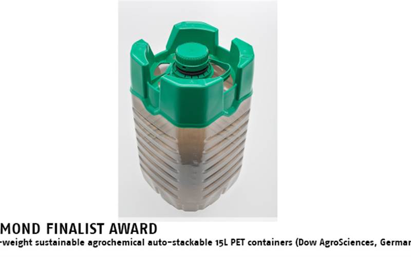 Dow AgroSciences’ light-weight, sustainable, agrochemical, auto-stackable, 15L PET containers have been named a Diamond Finalist Award Winner in the DuPont Awards for Packaging Innovation. The containers provide considerable functionality in stacking and distribution and allow greater ease of product dispensing than traditional containers. Dow Agrosciences took many design requirements into consideration and integrated them with stackability and pourability to enable added functionality to the lightweight containers. Addressing the whole value chain, Dow Agrosciences considered the distribution chain, end user, and the end of life for the package.  The containers’ added functionalities increase safety, improve usage and reduce their environmental footprint. Reducing the need for added packaging for transport, the upper safety top adds strong stability when the containers are stacked on top of each other, allowing them to be stacked up to three containers high on a pallet without the need for an outer carton case. A large, centered neck compatible with closed-transfer systems and bore seal caps minimizes operator exposure and allows for easier pouring. The PET body is blown from a pre-form to allow for on-demand production, minimizing the need for transportation and storage of empty bottles before filling. Lightweight construction, improved logistics, and the elimination of the carton case reduce the overall environmental impact made by this packaging system