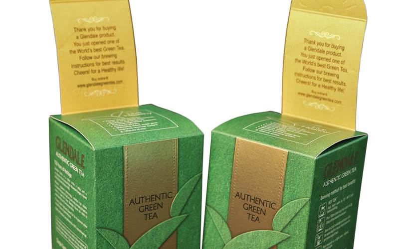 The Glendale green tea carton printed at Hyderabad-based Pragati Pack features print on a folding box board. This has been laminated with metallised PET. CMYK and opaque white inks have been deployed to print the carton. To give a premium look, the carton has texture, gloss and matt UV varnish. The structure of the carton is unique due to the Glendale flap, which comes over the carton. Pragati Pack had bagged the PrintWeek Award 2015 for the Packaging Converter of the Year category