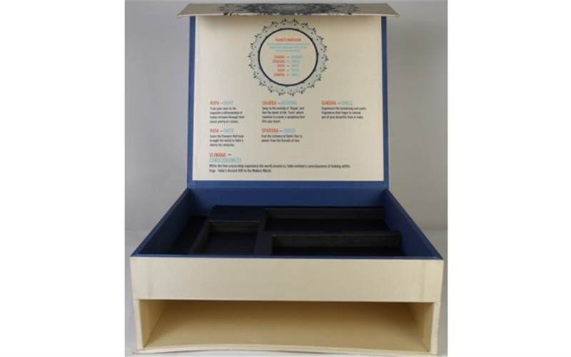 The bespoke hardbound box screen printed on cream satin was designed for the participants of the Indo-African Summit for the client Encompass Events Management. The print run was 50