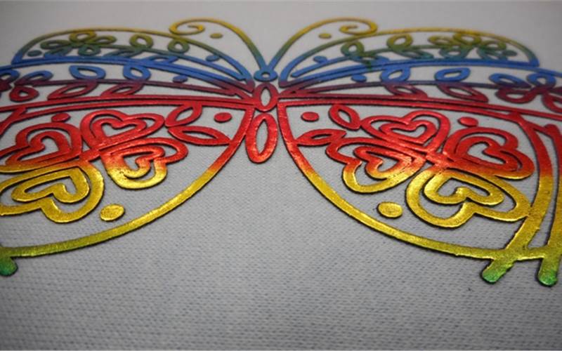 Printing process: Colour printed by three strokes and flashed cured. Then overprinted with foil adhesive. Finally multi-coloued foil is placed on top and fused at 120 degree celcius