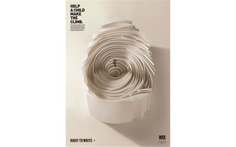 CRY – Thumbprint by BBH  |  Thousands of children in India lacking access to education, will grow up to be adults that leave their thumbprint, instead of a signature. It becomes their identity. CRY America’s aim was to collect donations to give thousands of underprivileged children in India the chance to go to school. Thereby, giving them a chance at a better life. The thumbprint was made the symbol of the problems arising from their lack of access to education. The thumbprint was depicted as a maze, a valley and a forest, with a child shown escaping each.