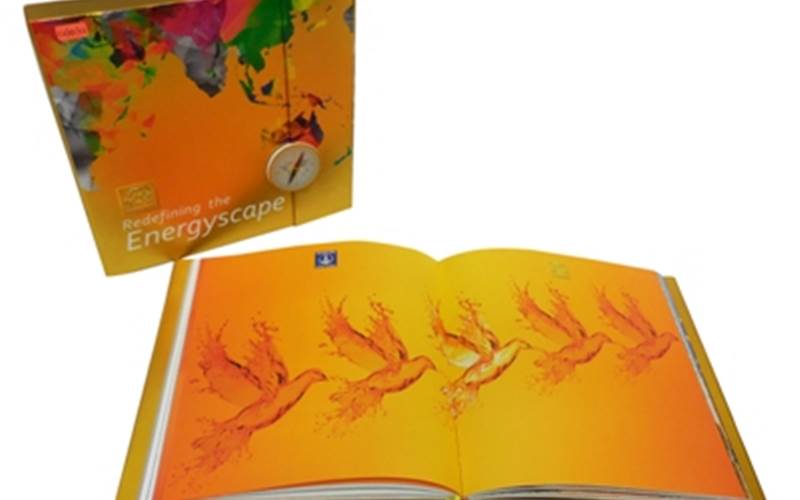 LUSTRA PRINT PROCESS | Redifining The Energyscape Length of run: 500Design: Olc + end pages+ 124 inside pages including 14 pages separator + jacket Art: CMYK plus Pantone metallic 872 goldPre-Press: Screen CTP system and the Agfa Apogee Pre-press ManagerPress: Ryobi 925 (five colour plus online aqueous coater)Post-Press: Spot UV plus abrasive UV, and blind embossing on the cover, dust jacket, and the box. Spot plus abrasive UV, die cut for the inside pages and a magnetic flap on box Paper: 170gsm foil laminated art paper for the printed laminated cover and dust jacket, 190 gsm Rendezvous Super White for the text and end pages