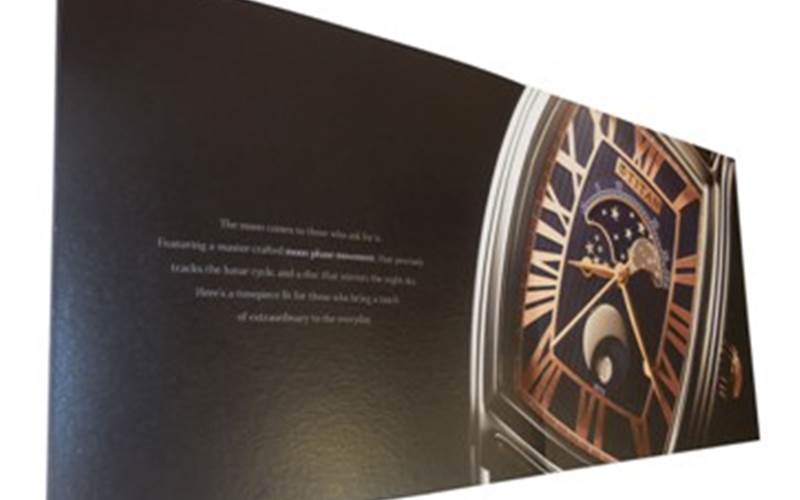 VISHWAKALA PRINTERS | Titan Celestial TimeArt: CMYK single passLength of run: 2000Pre-Press: Apogee workflow and Kodak Trendsetter 400 platesetterPress: Heidelberg XL75 (four-colour plus online coating with IR dryer) and Heidelberg SX52 (four-colour plus online coating with IR dryer)Post-Press: Creasing, folding, and pastingPaper: 480gsm Natural Evolution white board; board-to-board pasted