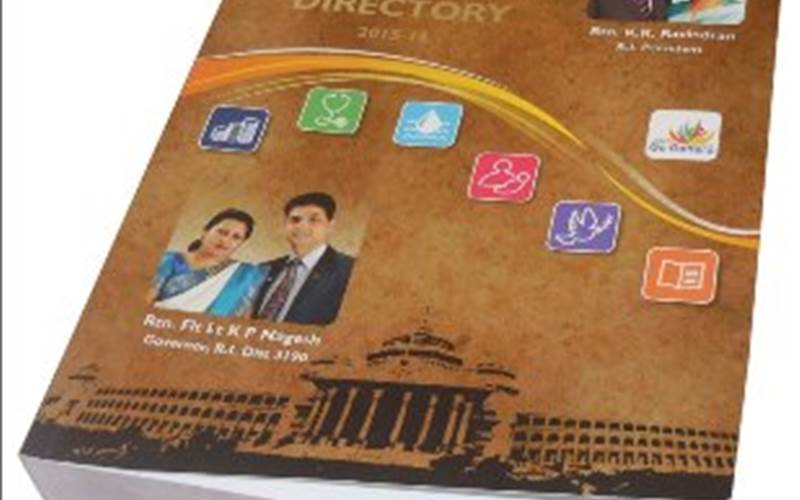 VISHWAKALA PRINTERS | Rotart Internal District 3190 Directory Length of run: 1000Pre-Press: Apogee workflow and Kodak Trendsetter 400 systemPress: Heidelberg XL 75 and Heidelberg SX 52 (four-colour plus online coating with IR dryer)Post-Press: Velvet lamination for cover, spot UV and gold foilingPaper: 300gsm gloss art board for cover and 100gsm gloss art paper for the inner pages