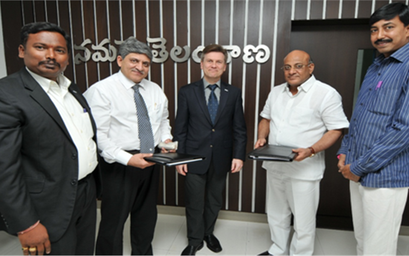A Nagraja, area sales manager, Pankaj Bhasin, MD, Manroland India, Erick Wagner, deputy vice president, Manroland Web Systems,Damodar Rao, MD Namaste Telangana, Srinivas, general manager operations, Namaste Telangana