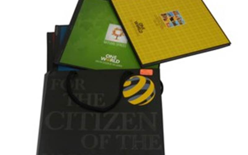 VISHWAKALA PRINTERS | For the Citizen of the World (set of four catalogues) Length of run: 500 (x4)Art: CMYK single pass Pre-Press: Apogee workflow, Kodak Trendsetter 400 systemPress: Heidelberg XL 75 (four colour + online coating with IR dryer), Heidelberg SX 52 (four colour + online coating with IR dryer)Post-Press: Side pinnning and case-making for the catalogue, and matt lamination, spot UV of logo and text, die punching, pasting, and eyelet threading and fixing for the bagPaper: For the catalogue - 300 matt art board throughout, for the bags - 300gsm white back duplex board