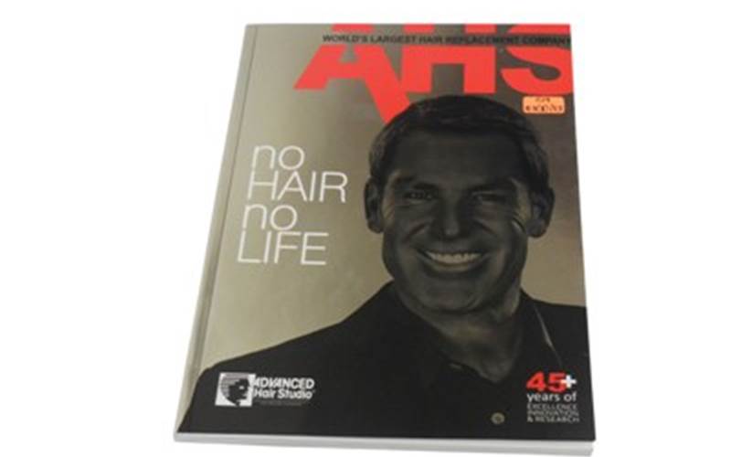 THOMSON PRESS | Advance Hair Studio brochure Length of run: 10,000Art: CMYK + two colourPre-Press: Dainippon Screen PTR 8800S CTP system, Harlequin workflowPress: Mitsubishi (five colour + aqueous coating)Post-Press: Matt aqueous coating on inner coverPaper: 130gsm matt art paper for text pages and 300gsm matt art card for cover