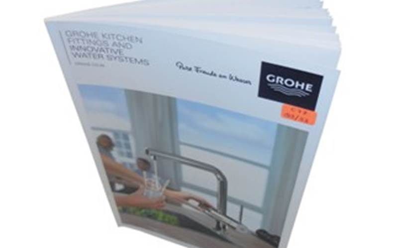 INFINITY ADVERTISING | Grohe - kitchen product range catalogueLength of run: 5000Pre-Press: Kodak CTP plate processor and EFI software for colour managementPress: Komori Lithrone (25x37 - four colour with auto plate changer)Post-Press: Perfect bound on Welbound six-clmap perfect binding machinePaper: 120gsm Enova matte for inside pages and 300gsm Enova Silky Snow White for the cover