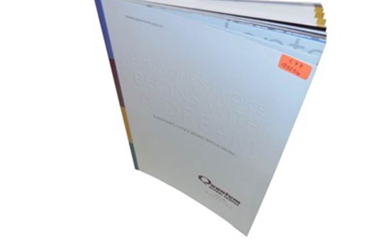 INFINITY ADVERTISING | Quantum GlobalLength of run: 3000Pre-Press: Kodak CTP plate processor and EFI software for colour managementPress: Komori Lithrone (25x37 - four colour with auto plate changer)Post-Press: Reverse embossing on cover, spot UV on centre spread, varnish on all pages, perfect binding on Welbound six-clamp perfect binding machinePaper: 130gsm Mont Blanc Extra White for the inside pages and 270gsm Mont Blanc Extra White for cover