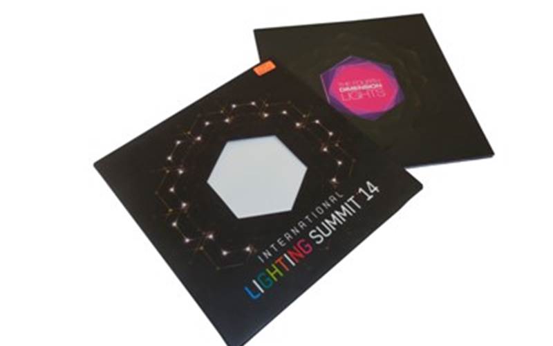 DHOTE OFFSET| ACE Lighting SummitLength of run: 300Design: Tilted hexagon punch on each page and hexagonal window on the envelope Art: CMYKPre-Press: Kodak Prinergy Evo workflow and GNG ColourProofPress: Ryobi 664AJ (fully automatic - 20x25)Post-Press: Matt and gloss lamination, spot UV and punchingPaper: 300gsm sinar matt