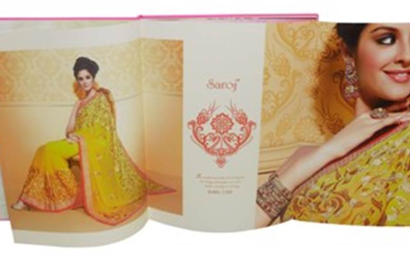 ALMATS BRANDING SOLUTIONS| Gharana fashion catalogueLength of run: 1000Art: CMYKPre-Press: GMG SolutionsPress: Heidelberg SORDZ (25x36) and Ryobi 920 (25x36)Post-Press: Aqueous coating on all pages and three inserts Paper: 170gsm sinar art paper for the cover, 130gsm Ensemble Pure White for the text pages and 120gsm S142 paper for the frame