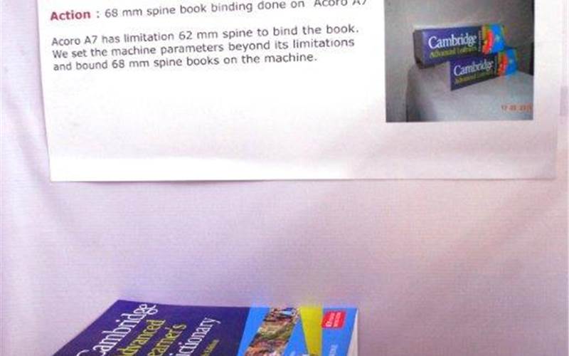 Mission accomplished: 68mm spine book was perfect bound on Acoro A7. In a process re-engineering project, Acoro A7 was set beyond its maximum book thickness of 62mm for a specialised job