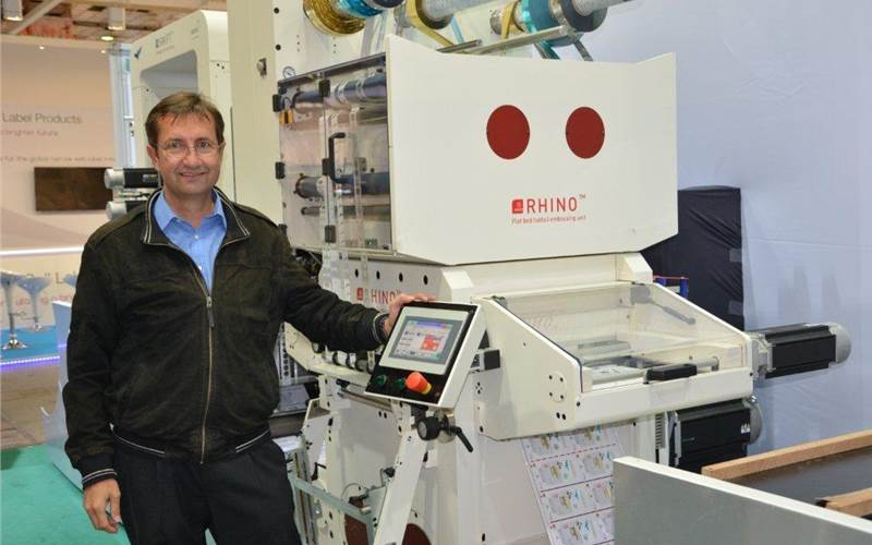 Pantec’s Peter Frei with the company’s star product Rhino II, is an inline flatbed embossing machine, now shown with new functions that serve security industries and traditional wine and spirit markets for differentiation